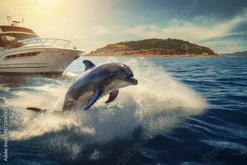 AI generated illustration of an Atlantic bottlenose dolphin leaping out of the turquoise waves