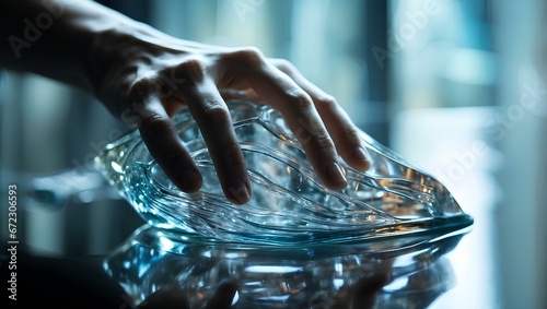 a hand reaching out to touch a transparent crystal bowl on a table, set against a contrasting blue background, creating a delicate and elegant scene.