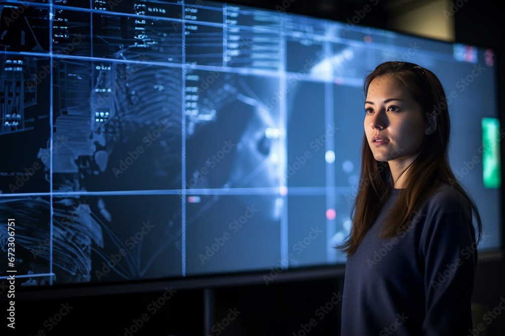 A woman in a sleek, modern room with large monitors, creating a cutting-edge workspace for productivity A woman in a sleek, modern room with large monitors, creating a cutting-edge workspace for productivity