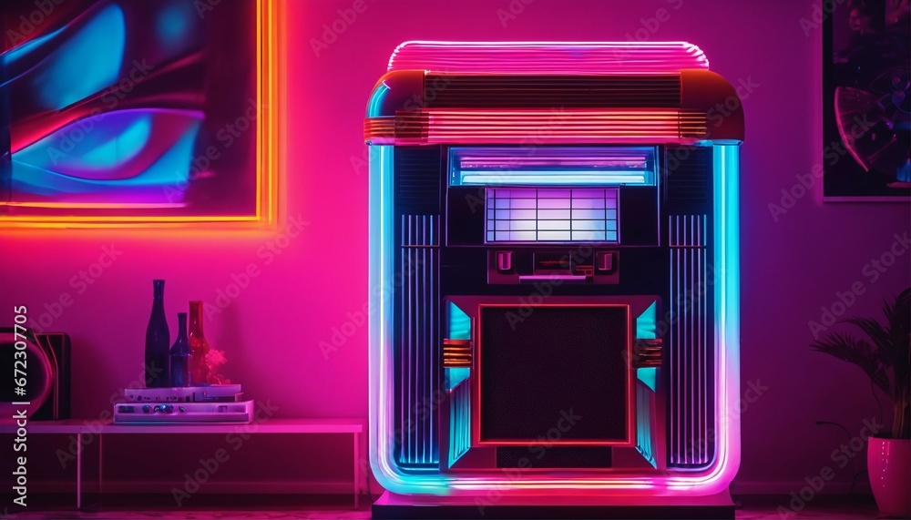 Chill living room with a retro vintage stereo jukebox and neon vaporwave color mood - obrazy, fototapety, plakaty 