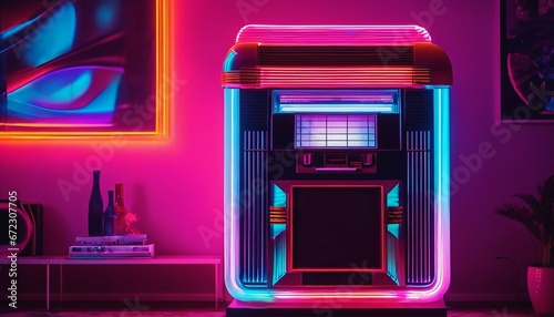 Chill living room with a retro vintage stereo jukebox and neon vaporwave color mood