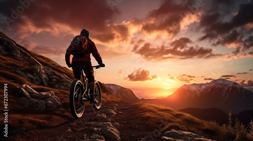 Generative AI, Mountain biking man riding on bike in mountains forest landscape, cyclist 