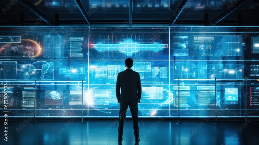 Back view businessman futuristic looking screen panel. Cyberspace with screen connect to data information Technology concept Back view businessman futuristic looking screen panel. Cyberspace with screen connect to data information Technology concept