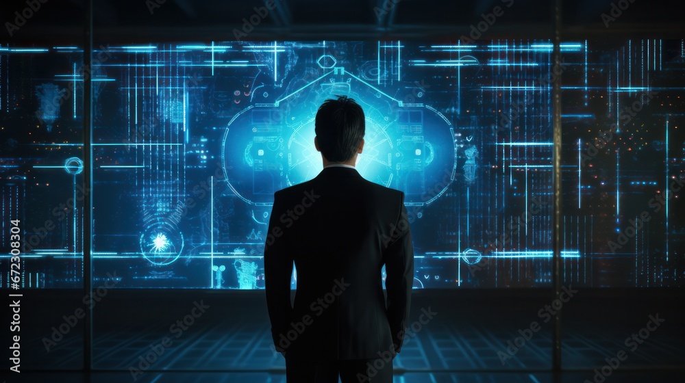 Back view businessman futuristic looking screen panel. Cyberspace with screen connect to data information Technology concept Back view businessman futuristic looking screen panel. Cyberspace with screen connect to data information Technology concept
