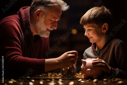Grandfather and Grandson Counting Savings Together photo