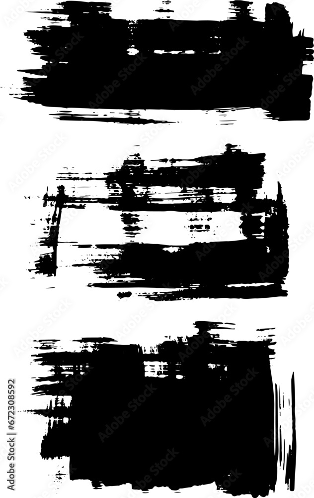 Black paint brush strokes, dirty inked grunge art brushes. Dirty ink texture splatters. Grunge rectangle text boxes
