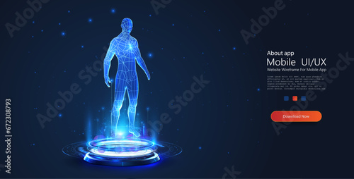 Digital Holographic Human Anatomy Scan Displayed on Futuristic Interface Platform in Deep Blue Cosmos. Sci-fi healthcare banner - stage and 3D human hologram. Vector illustration