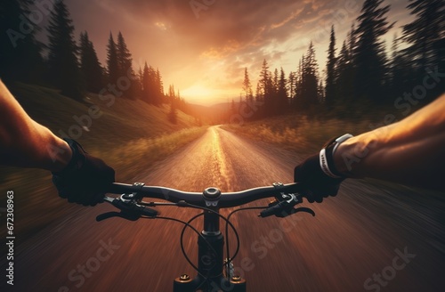 Generative AI, Mountain biking man riding on bike in mountains forest landscape, cyclist 