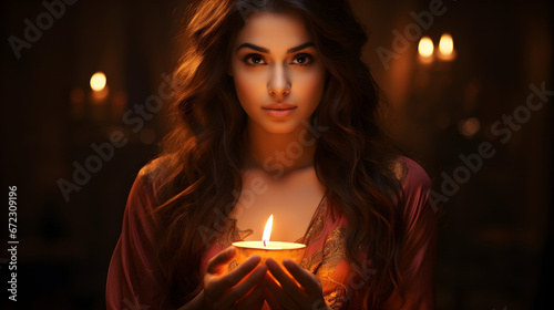 A woman is holding a lit Diwali candle to decorate it while looking at realistic stock photos of Diwali,