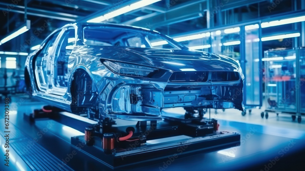 Fototapeta premium Futuristic electric car automated robot arm assembly line manufacturing