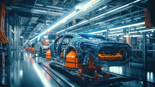 Futuristic electric car automated robot arm assembly line manufacturing © ETAJOE