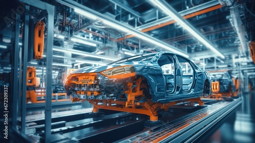 Futuristic electric car automated robot arm assembly line manufacturing © ETAJOE