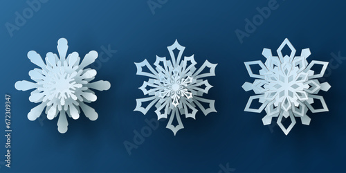 Vector set white christmas paper cut 3d snowflake with shadow on blue colored background. Winter design elements for presentation, banner, cover, web, flyer, card, sale, poster, slide and social media