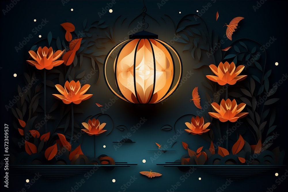 paper cutting art style of Chinese lantern in the dark background, in organic shapes, layers, vector graphic
