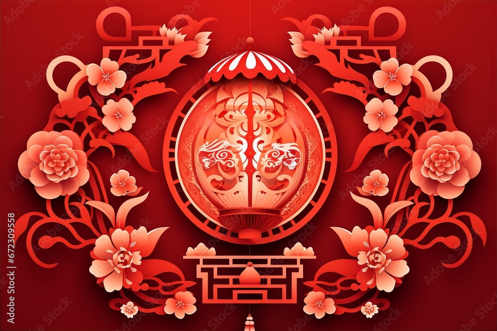 paper cutting art style of Chinese lantern in the red background, in organic shapes, layers, vector graphic paper cutting art style of Chinese lantern in the red background, in organic shapes, layers, vector graphic