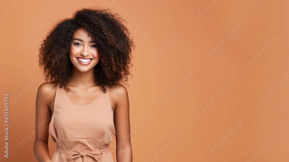 Afro-american woman model wearing a brown sundress isolated on pastel Afro-american woman model wearing a brown sundress isolated on pastel