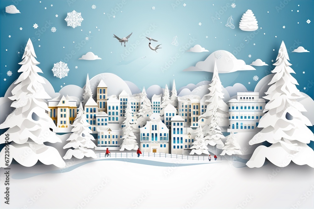 paper cutting art style of winter season, forest, snow, tree, urban, building, vector graphic