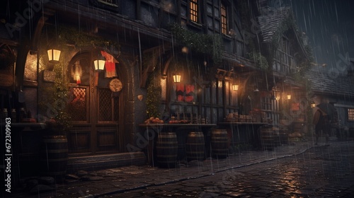 gloomy fantasy tavern in a city in a rainstorm.Generative AI © sudipdesign