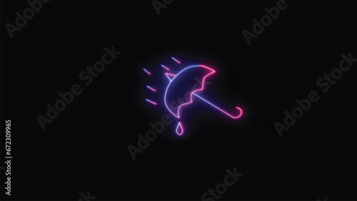 Rain and umbrella icon with neon light isolated in black background. 3d rendering - illustration.