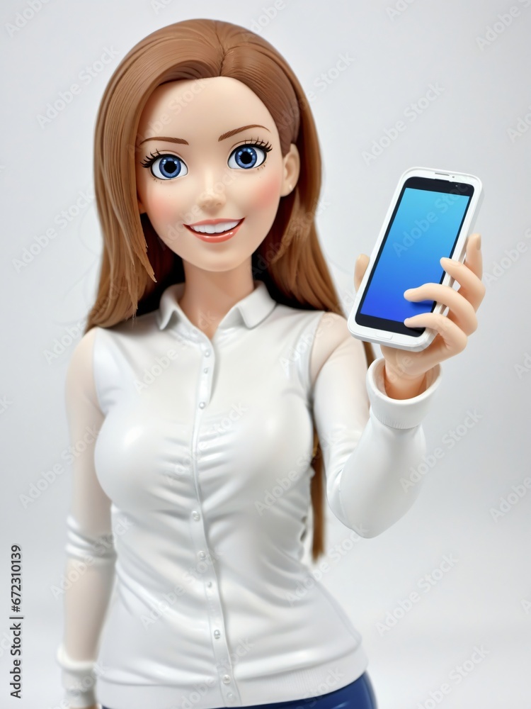 A 3D Toy Cartoon Woman Showing Her Smartphone On A White Background A 3D Toy Cartoon Woman Showing Her Smartphone On A White Background