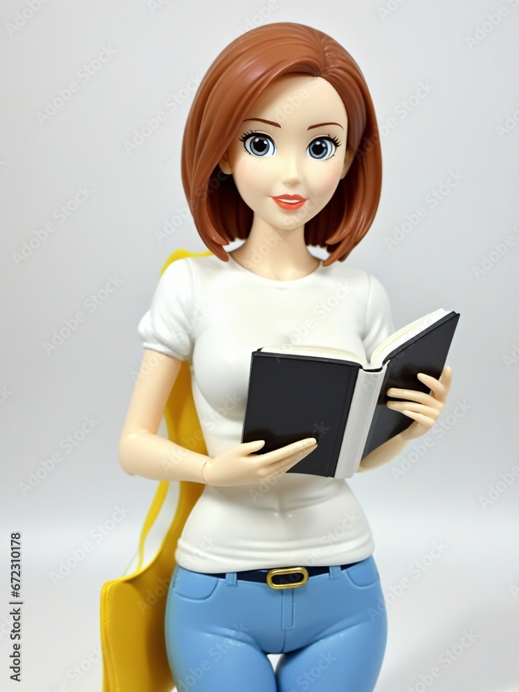 A 3D Toy Cartoon Woman Standing With Book On A White Background A 3D Toy Cartoon Woman Standing With Book On A White Background