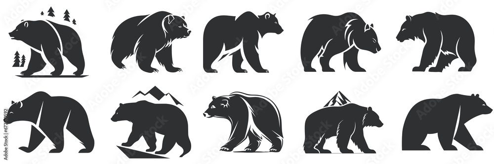 bear silhouette set logo vector animals illustration, Bear icon modern symbol, black icon, mascot, bear silhouette, logo style bear for graphic and web design - obrazy, fototapety, plakaty 