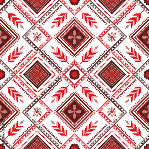 Autumn red geometric Aztec style. Mosaic on the tile. African Moroccan pattern. Ethnic carpet. Majolica. Asian rug. Tribal vector ornament. Aztec geo pattern. Native design for fabric print. seamless