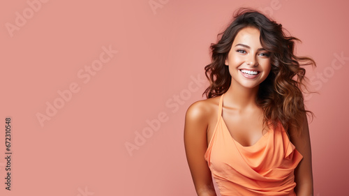 Brunette woman model wear orange sundress isolated on pastel background