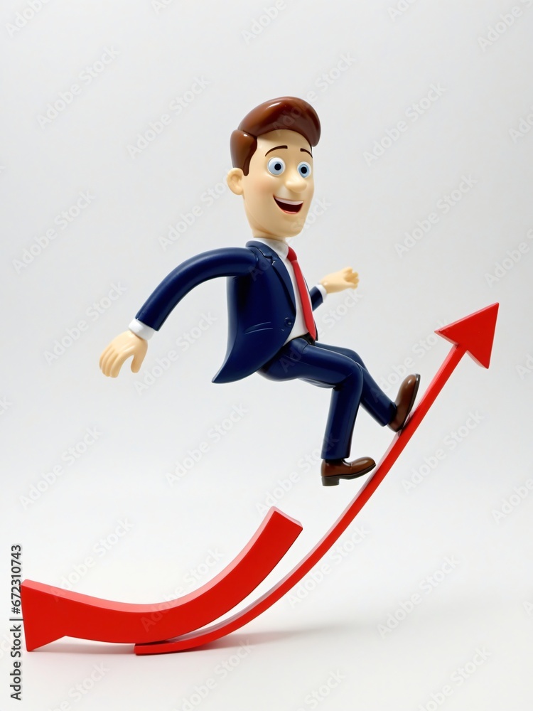 A 3D Toy Cartoon Businessman Falling Off Downward Arrow On A White Background A 3D Toy Cartoon Businessman Falling Off Downward Arrow On A White Background