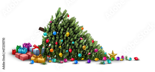 Funny Christmas Holiday mishap Card as a fallen Decorated Christmas tree with ornate decorative balls and gifts as a humorous seasonal symbol of winter challenges