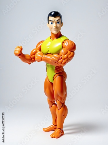 A 3D Toy Character Man Flexing Arm Muscles On A White Background photo