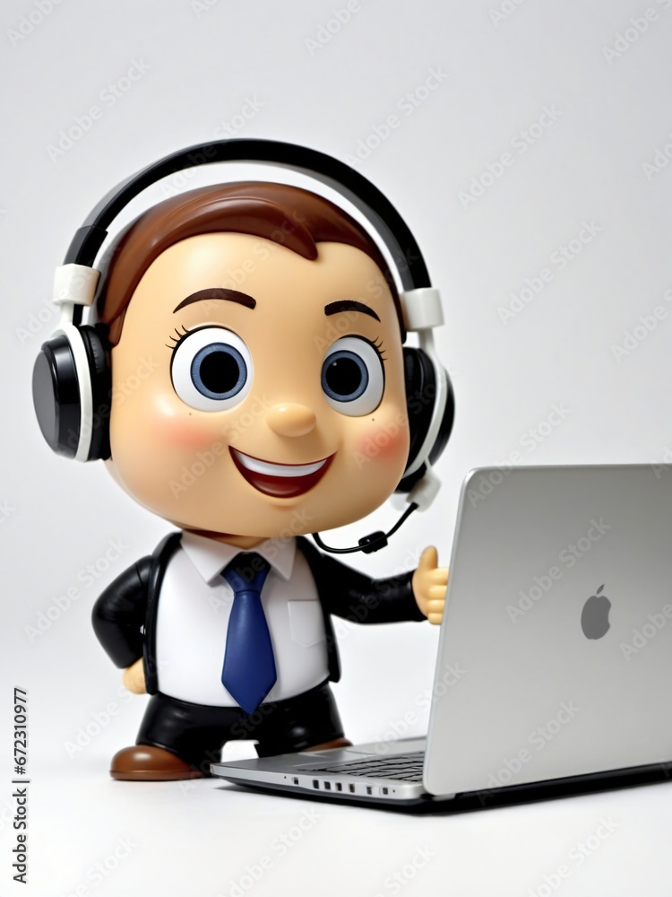 A 3D Toy Cartoon Businessman With Headset Working On Laptop On A White Background A 3D Toy Cartoon Businessman With Headset Working On Laptop On A White Background