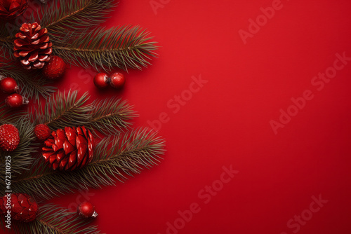Evergreen pine branches Christmas tree with brown cones and ornaments top view on festive red background banner with text copy space winter holiday concept