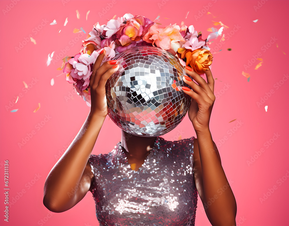 Naklejka premium Disco Dreams: A Girl Holding a Glittering Disco Ball Against a Pink Background Ideal for Portraying Retro Vibes and Dance Floor Fantasies, New Year party, Copy sace