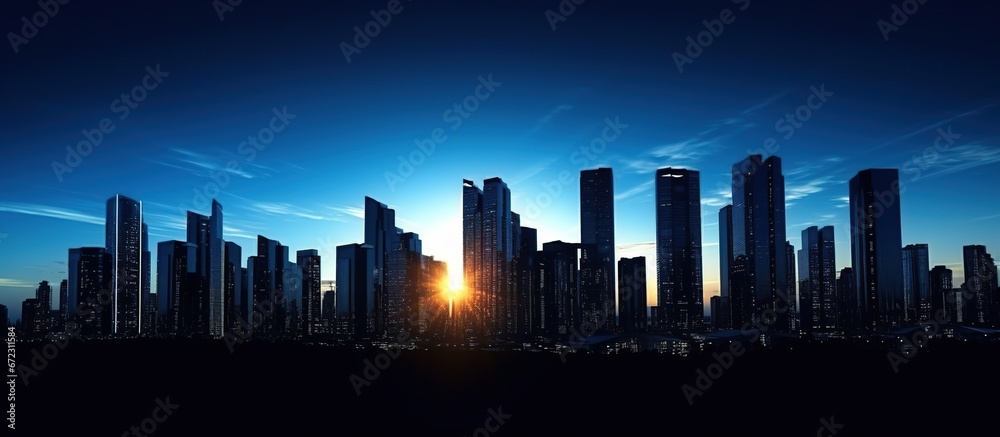 Silhouette of the cityscape with sky dyed blue view. AI generated image