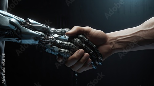 Human and robot handshake. Futuristic future concept. Digital technology age. Person and cyborg make deal. Friendship between two people. Partner hand shake. Metal friend connect. Raise of machines. photo