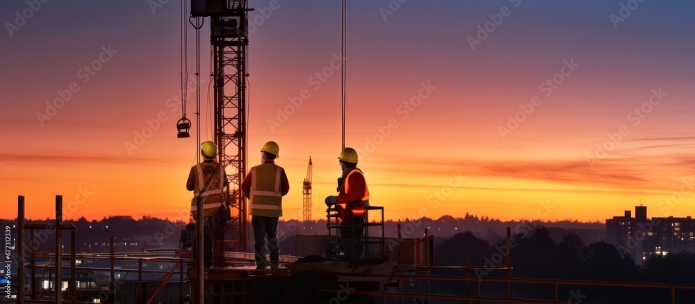 Silhouette of construction workers on the construction site at sunset and crane, scaffolding and structure Silhouette of construction workers on the construction site at sunset and crane, scaffolding and structure