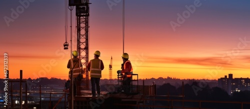 Silhouette of construction workers on the construction site at sunset and crane, scaffolding and structure