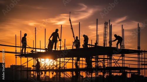 Silhouette of construction workers on the construction site at sunset and crane, scaffolding and structure © ETAJOE