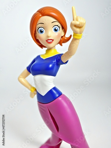 A 3D Toy Cartoon Woman With Arm Raised On A White Background