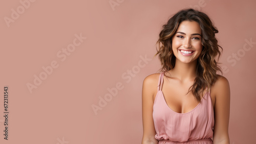 Brunette woman model wear pink sundress isolated on pastel background