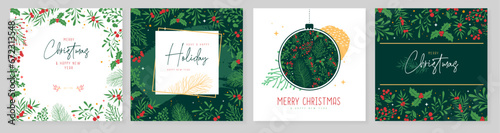 Set of Christmas holiday greeting cards or covers with christmas floral desoration. Vector illustration