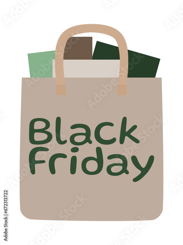 Black Friday. Beige ecobag written Black Friday in green with four packages inside in light green, light beige, brown and dark green