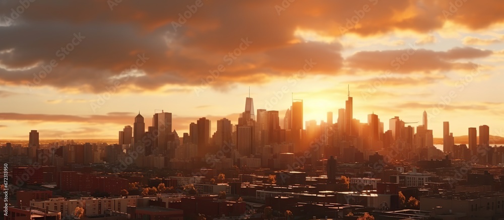 City Skyline with Urban Skyscrapers at golden Sunset view. AI generated image