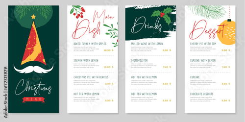 Restaurant Christmas holiday menu design with christmas desoration. Vector illustration