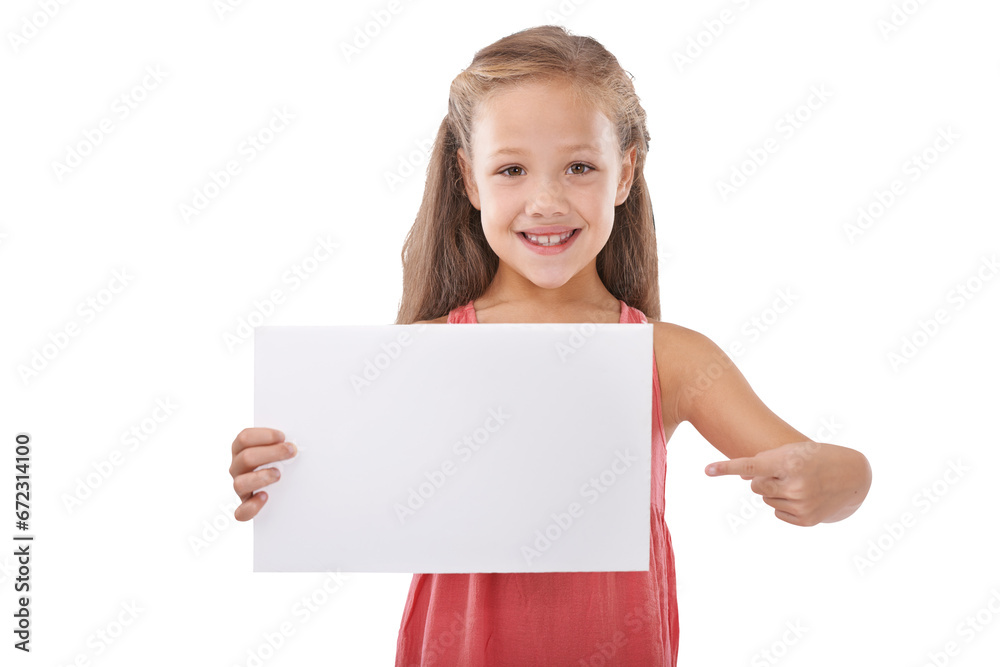 Happy girl, portrait and pointing to billboard for advertising or marketing isolated on a transparent PNG background. Female person, little child or kid smile holding poster for deal, sale or message Happy girl, portrait and pointing to billboard for advertising or marketing isolated on a transparent PNG background. Female person, little child or kid smile holding poster for deal, sale or message