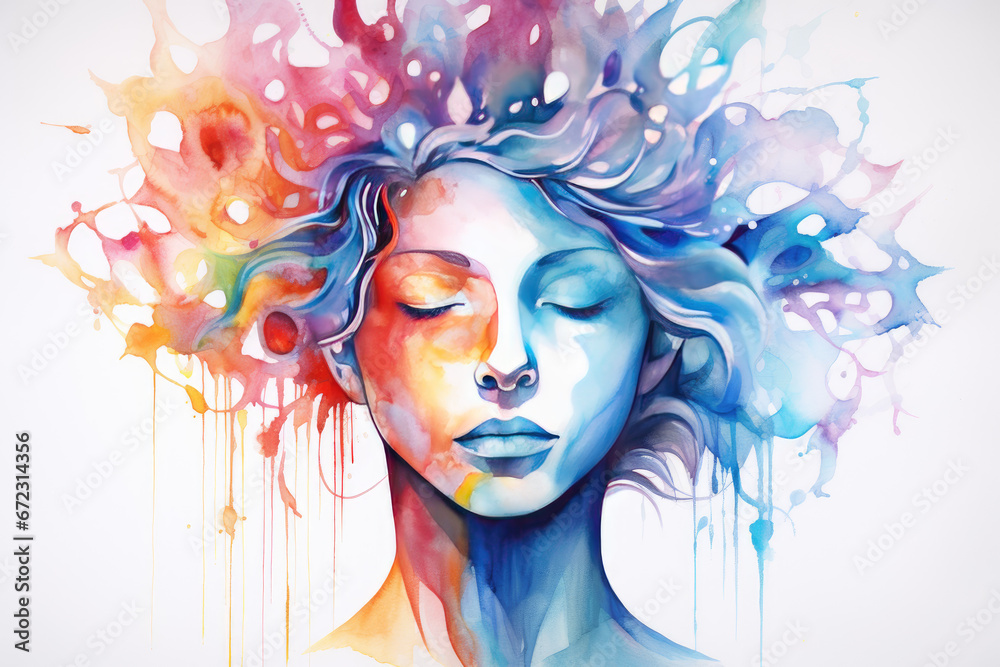 Watercolor illustration of meditating woman. Spiritual Wellness background