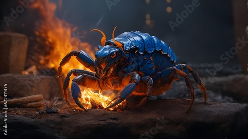 a blue and orange scorpion or insect sitting on top of a fire. A scorpion walking. Ai ganerated image