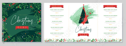 Restaurant Christmas holiday menu design with christmas floral  desoration. Vector illustration