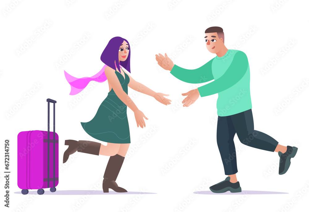 A guy and a girl have a joyful meeting at the station. Return of a loved one. Relationship concept of love and waiting for a joyful moment. Vector flat illustration A guy and a girl have a joyful meeting at the station. Return of a loved one. Relationship concept of love and waiting for a joyful moment. Vector flat illustration